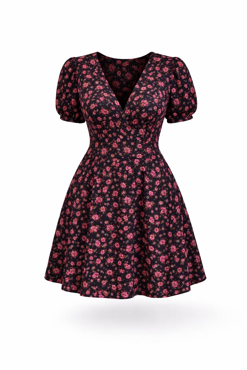 Floral V-Neck Mini Dress – Short Sleeve A-Line Fit