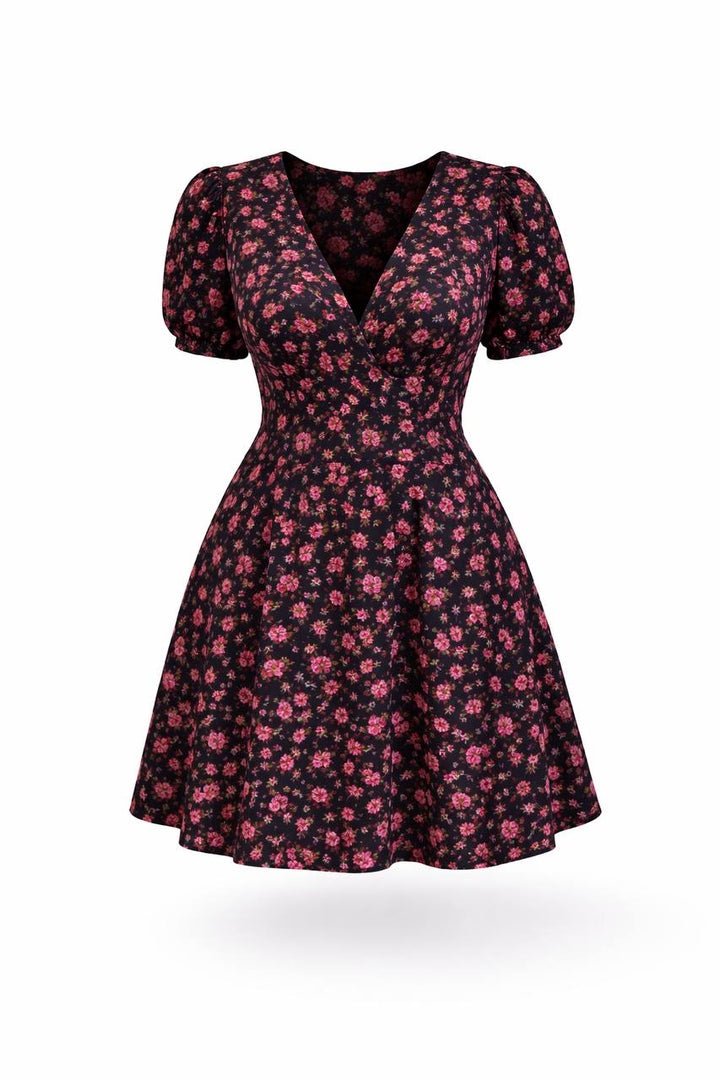 Floral V-Neck Mini Dress – Short Sleeve A-Line Fit