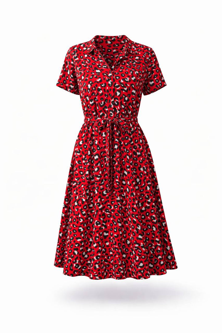 Polka Dot Midi Dress – Short Sleeve Button Front Tie Waist