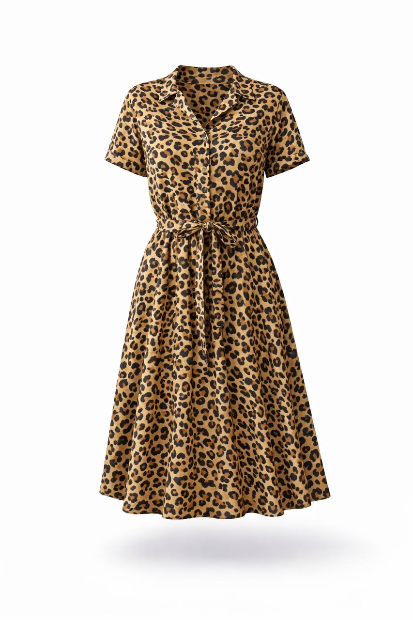 Polka Dot Midi Dress – Short Sleeve Button Front Tie Waist