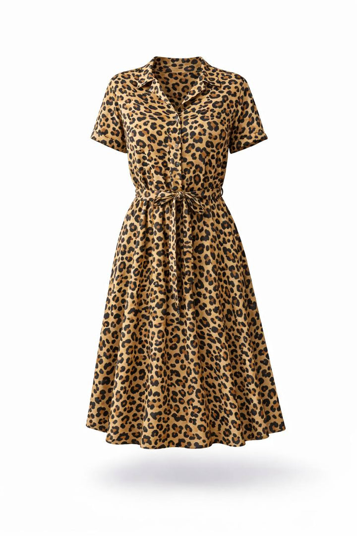 Polka Dot Midi Dress – Short Sleeve Button Front Tie Waist