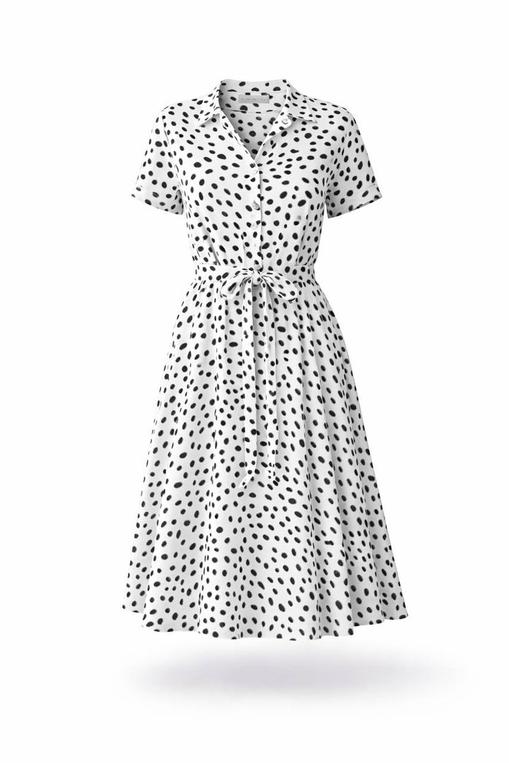 Polka Dot Midi Dress – Short Sleeve Button Front Tie Waist