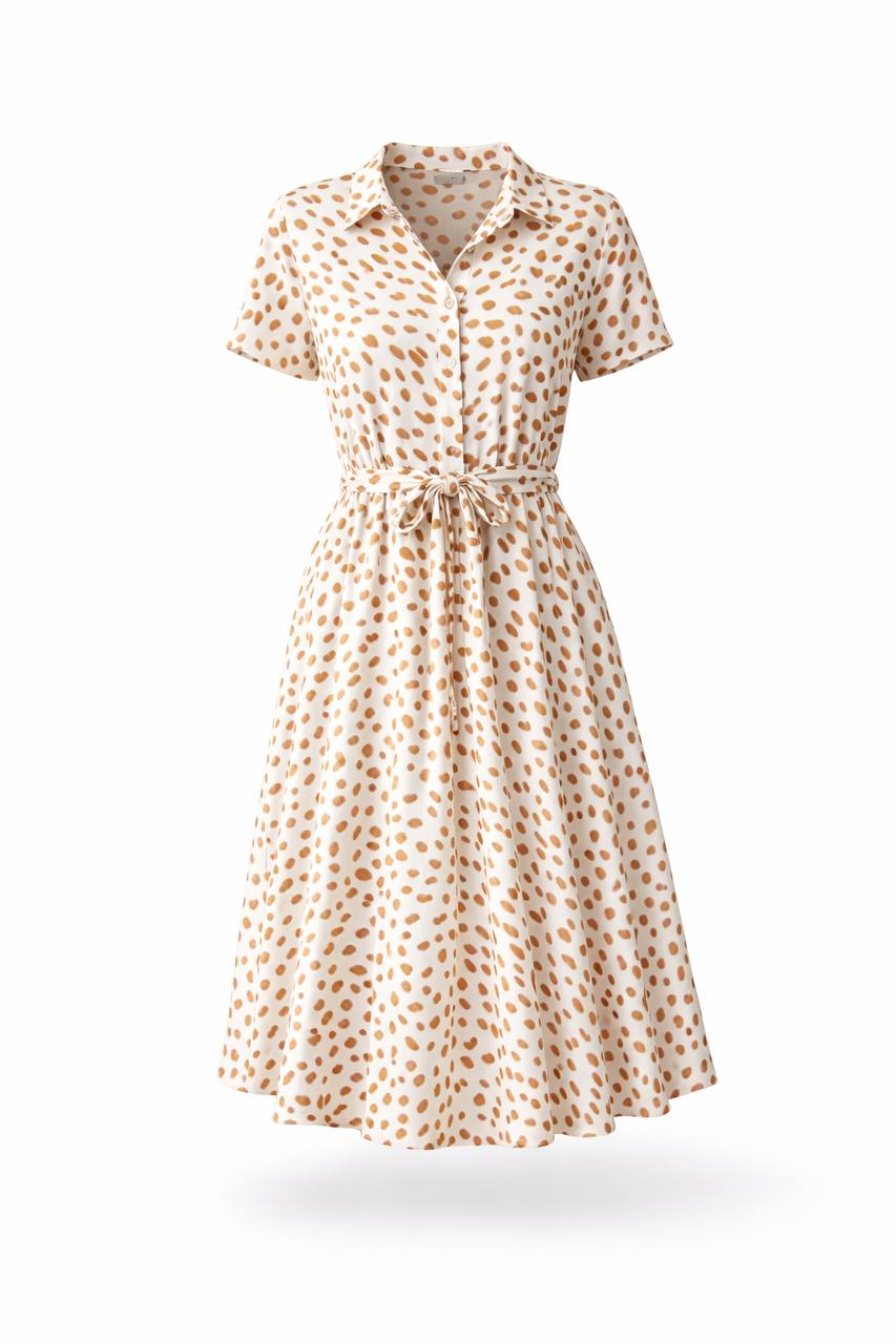 Polka Dot Midi Dress – Short Sleeve Button Front Tie Waist