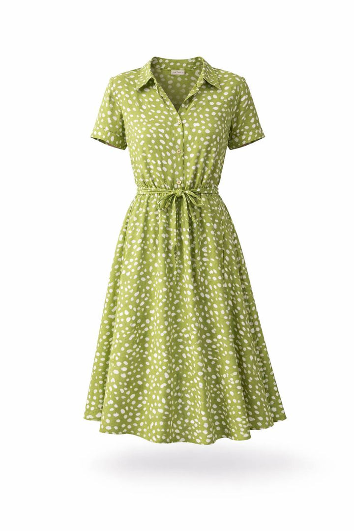Polka Dot Midi Dress – Short Sleeve Button Front Tie Waist