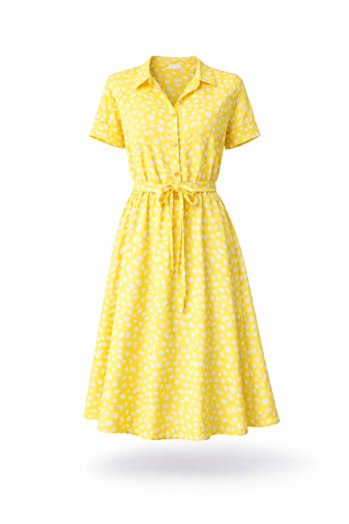 Polka Dot Midi Dress – Short Sleeve Button Front Tie Waist