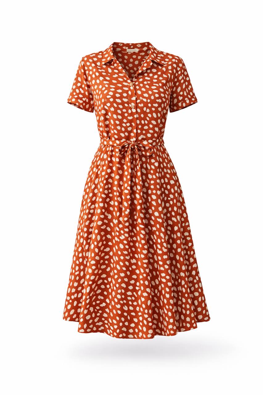 Polka Dot Midi Dress – Short Sleeve Button Front Tie Waist