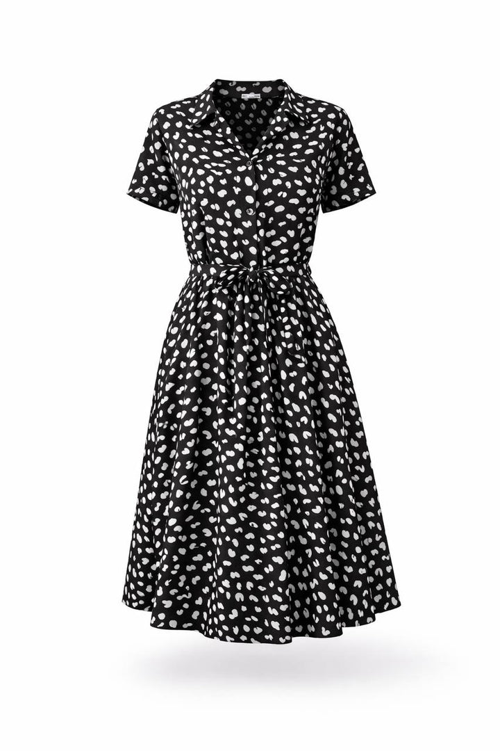 Polka Dot Midi Dress – Short Sleeve Button Front Tie Waist