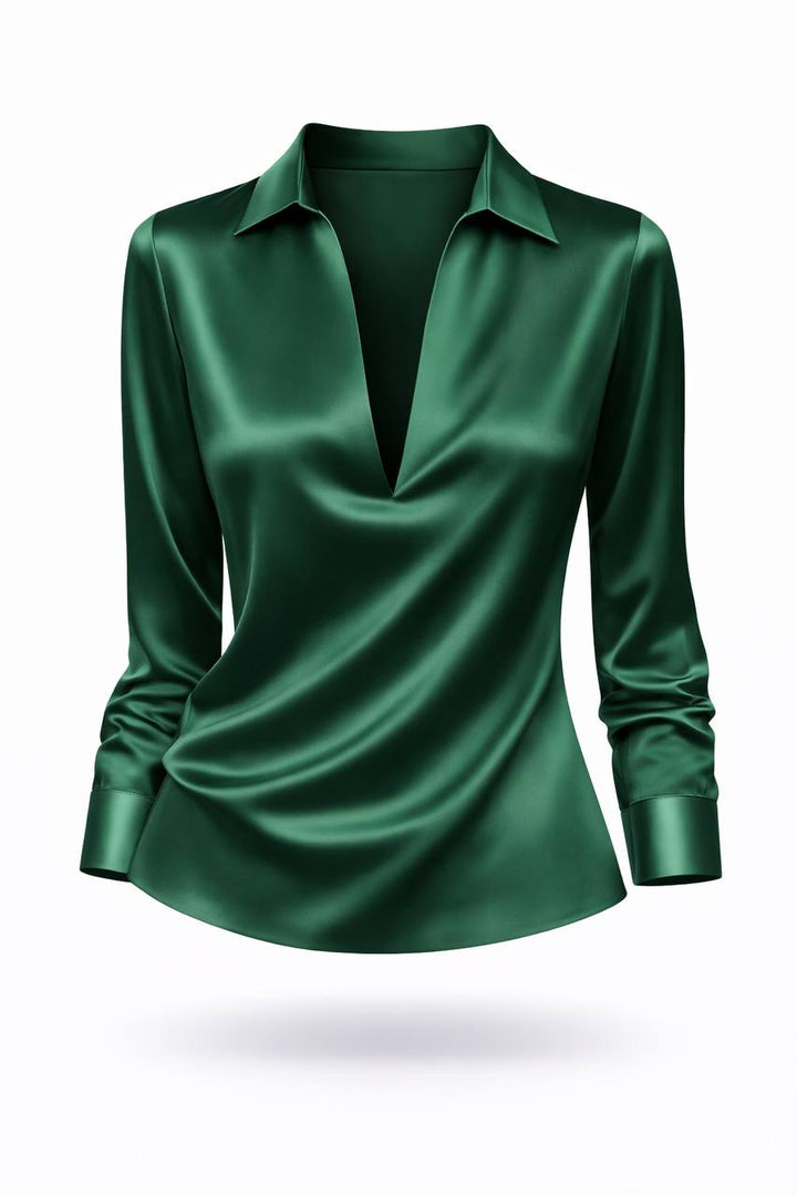 Satin Long Sleeve Blouse – V-Neck Draped Shirt