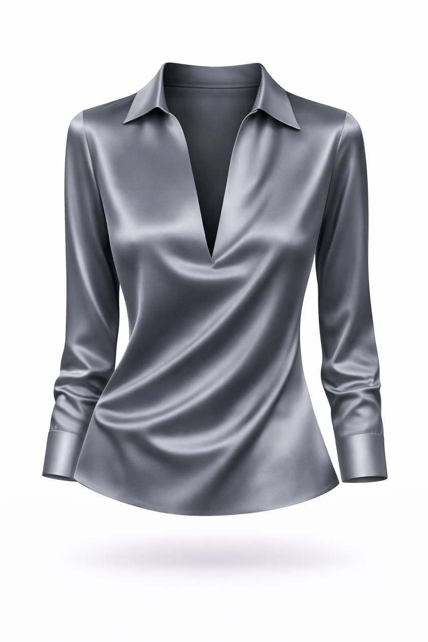 Satin Long Sleeve Blouse – V-Neck Draped Shirt