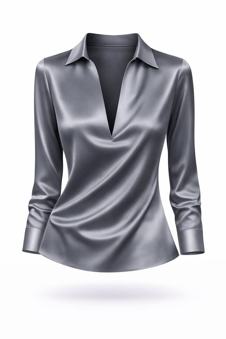 Satin Long Sleeve Blouse – V-Neck Draped Shirt