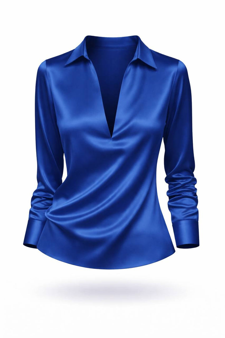 Satin Long Sleeve Blouse – V-Neck Draped Shirt