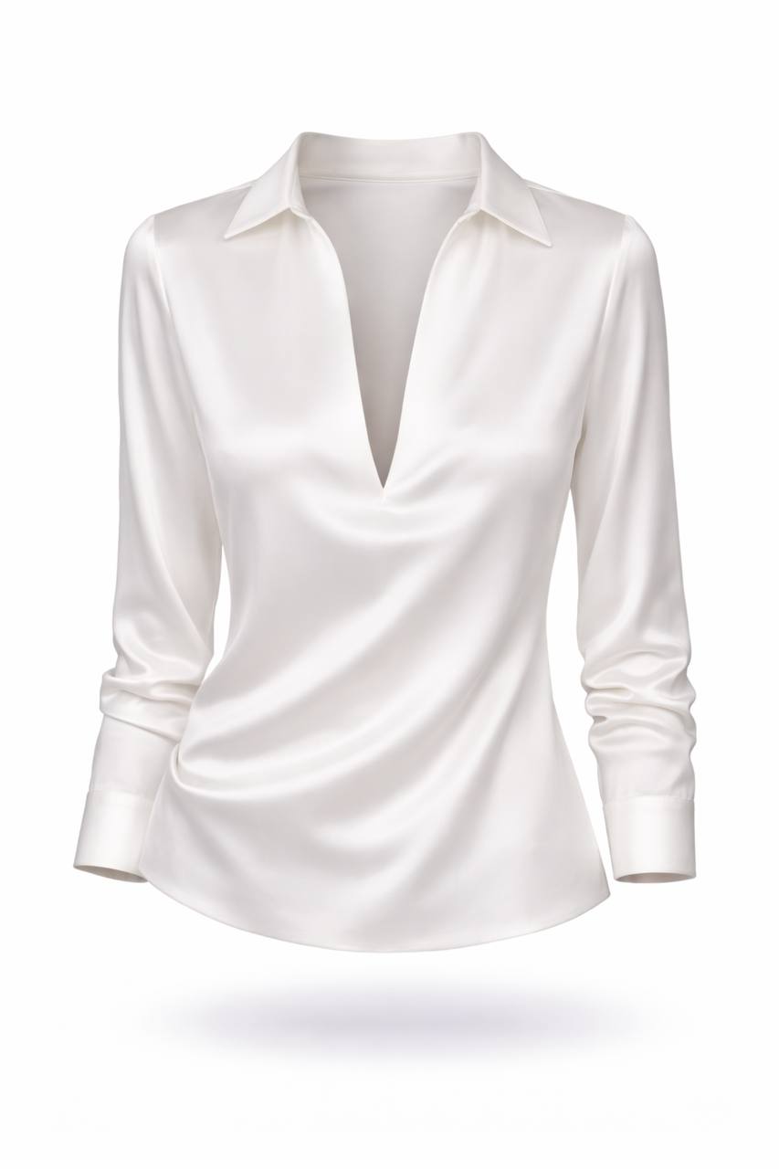 Satin Long Sleeve Blouse – V-Neck Draped Shirt