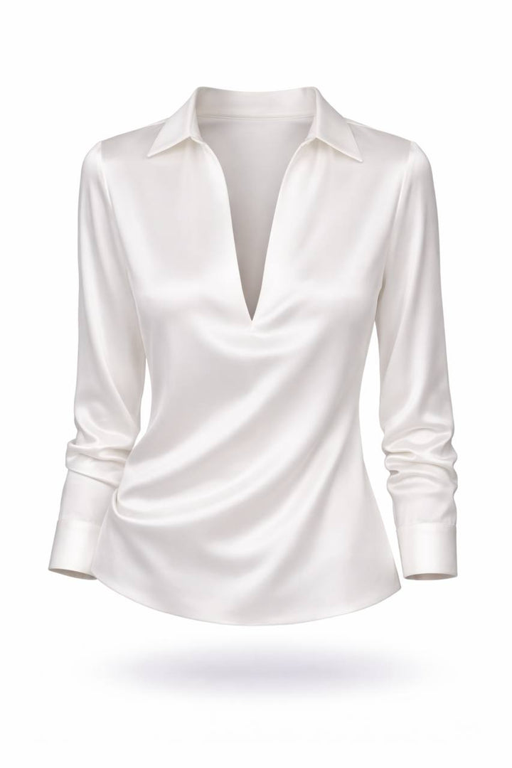 Satin Long Sleeve Blouse – V-Neck Draped Shirt