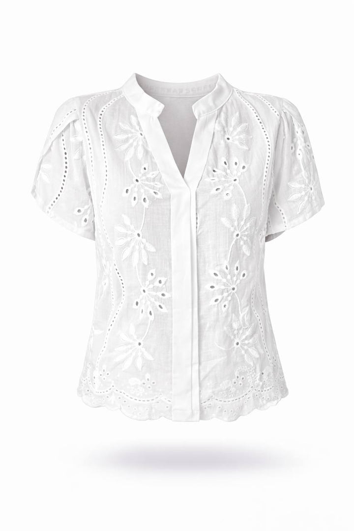 Eyelet Embroidered Puff Sleeve Blouse – V-Neck Top