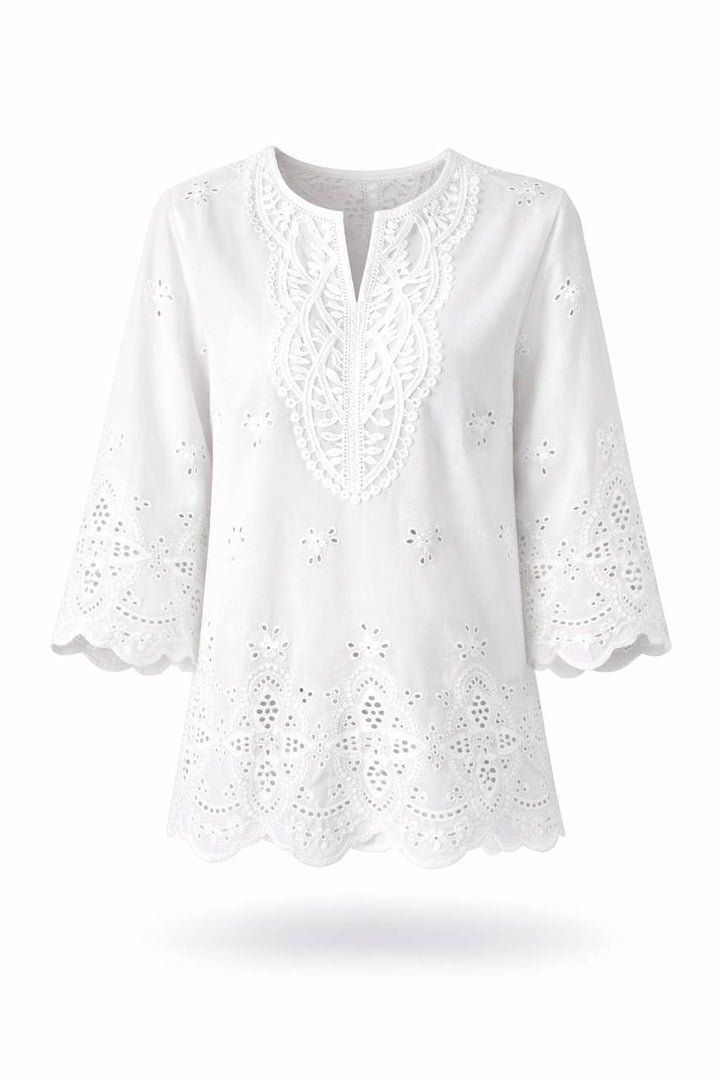 Eyelet Embroidered 3/4 Sleeve Blouse – Lace Detail V-Neck Casual Top