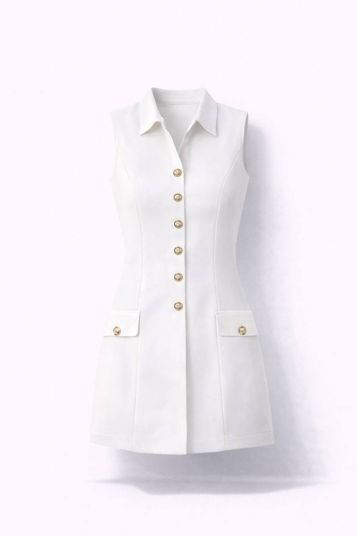 Sleeveless Collared Mini Dress – Button Front A-Line Dress