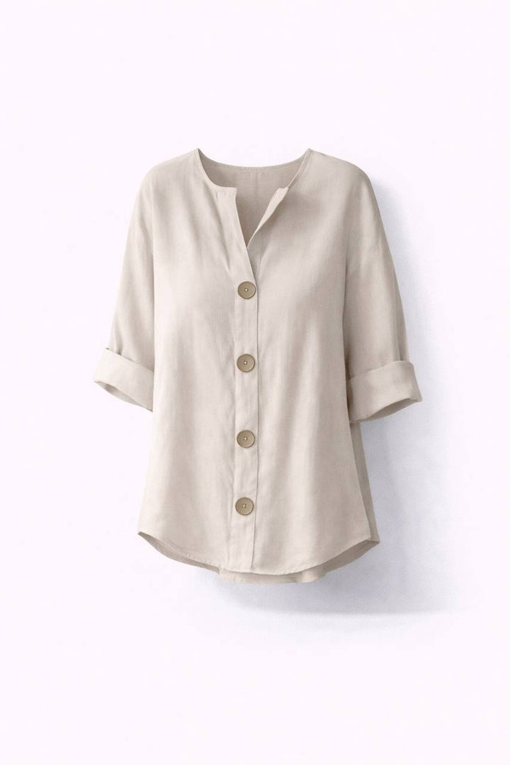 V-Neck Button Front Blouse – Relaxed Fit 3/4 Sleeve Casual Top