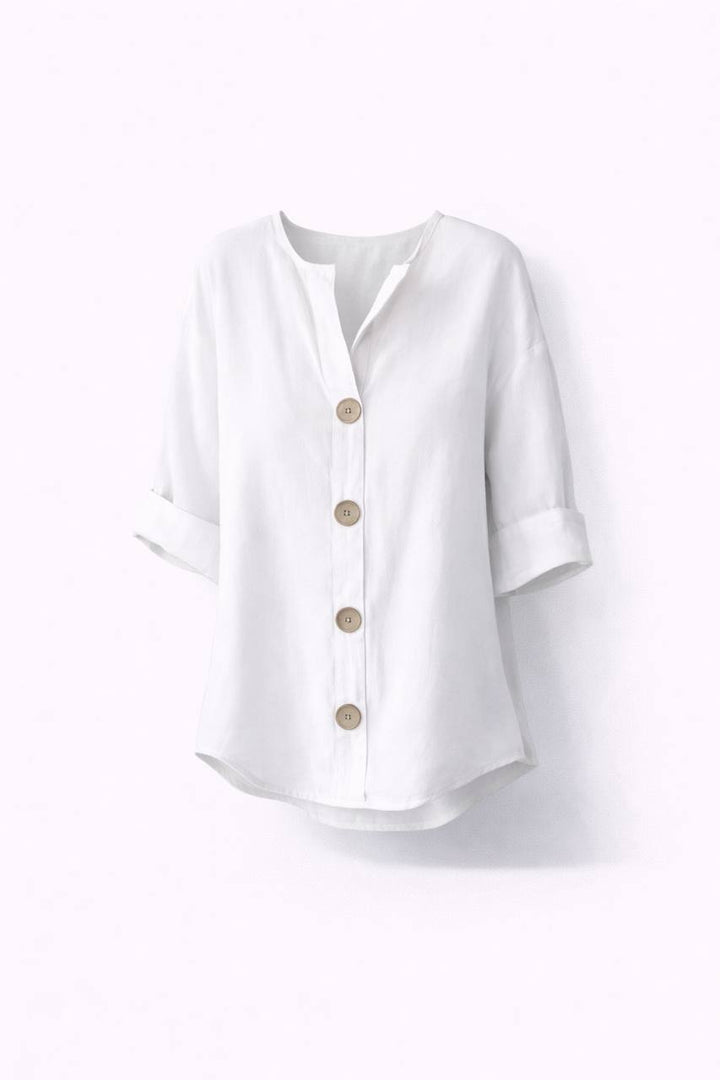 V-Neck Button Front Blouse – Relaxed Fit 3/4 Sleeve Casual Top