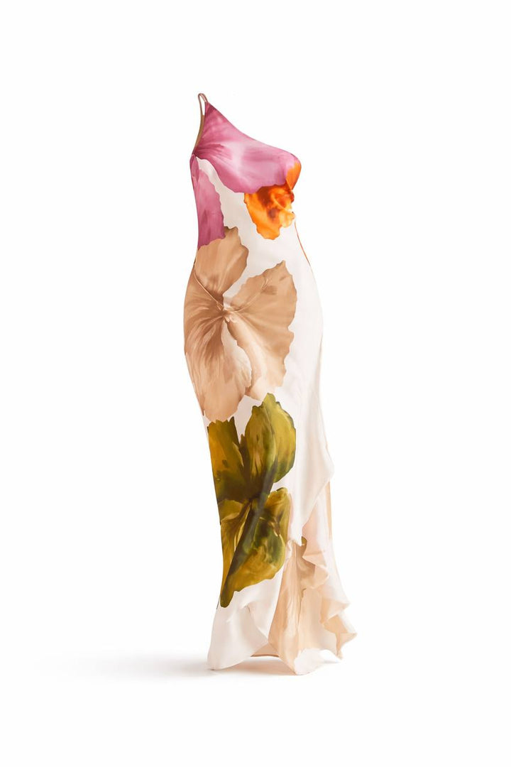 One Shoulder Maxi Dress – Asymmetric Floral Long Dress with Flowy Fit and Ruffle Hem