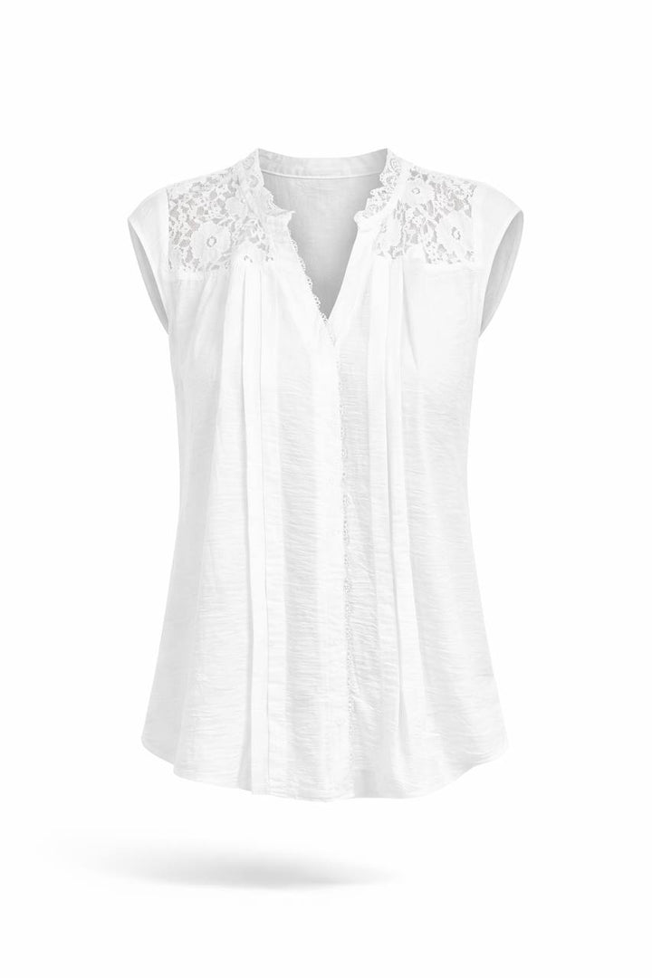 Lace Detail V-Neck Blouse – Sleeveless Top with Pleated Front and Relaxed Fit