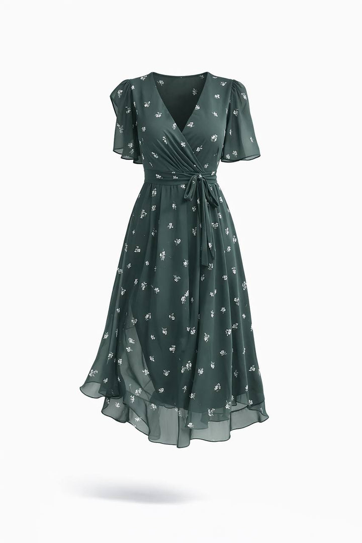 Floral Wrap Midi Dress – V-Neck Short Sleeve Dress with Tie Waist and Flowy Skirt