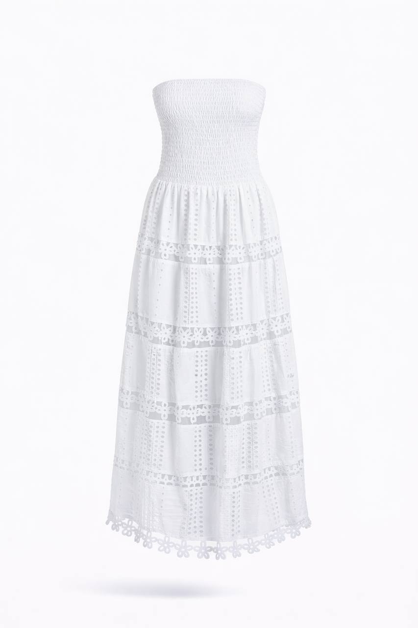 Strapless Maxi Dress – Smocked Bodice with Eyelet Lace Detail and Tiered Flowy Skirt
