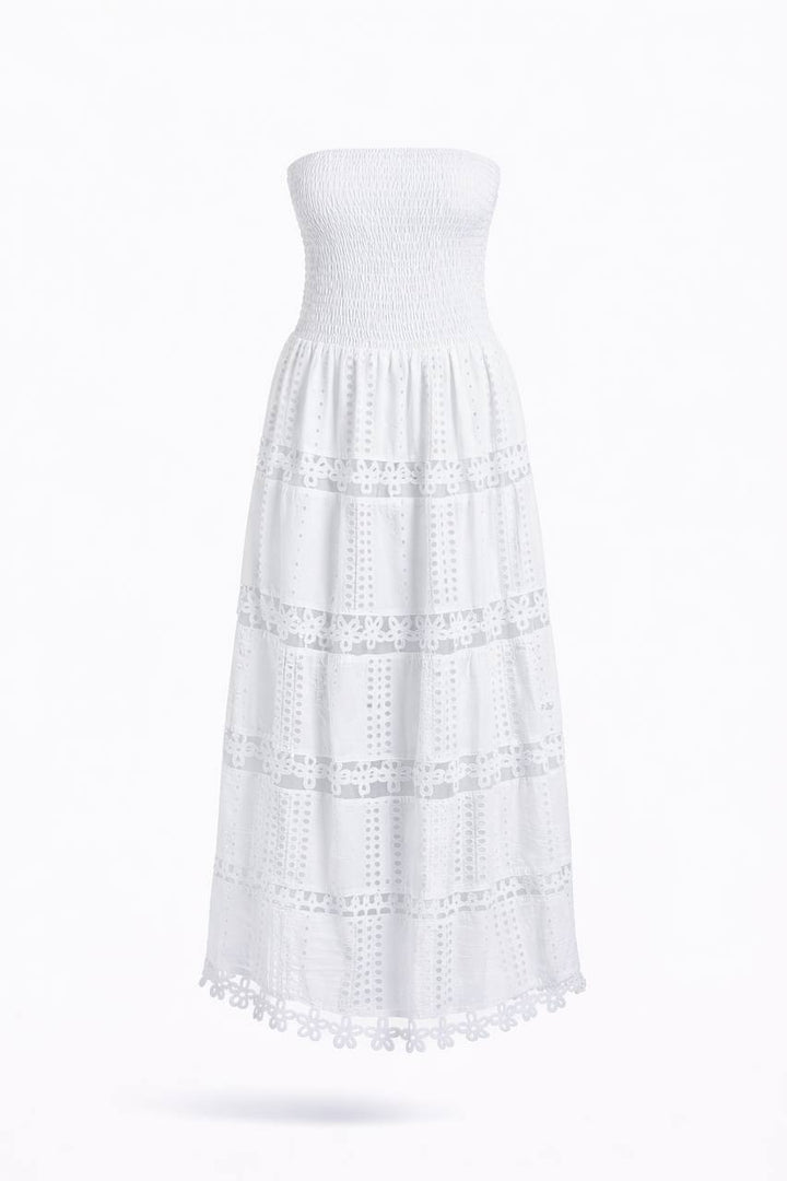 Strapless Maxi Dress – Smocked Bodice with Eyelet Lace Detail and Tiered Flowy Skirt