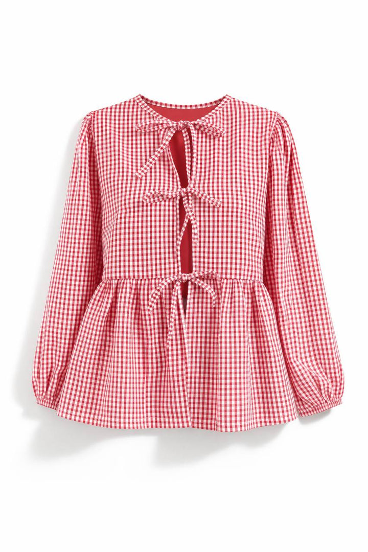 Striped Tie Front Blouse – Long Sleeve Peplum Top with Bow Details and Relaxed Fit