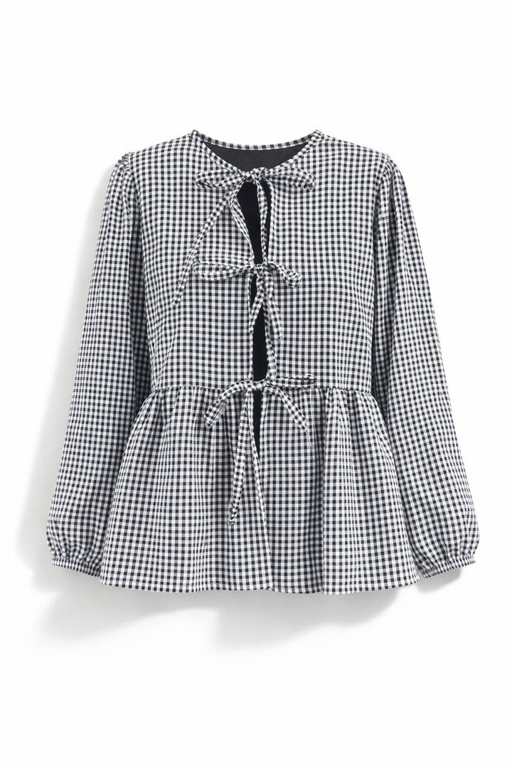Striped Tie Front Blouse – Long Sleeve Peplum Top with Bow Details and Relaxed Fit
