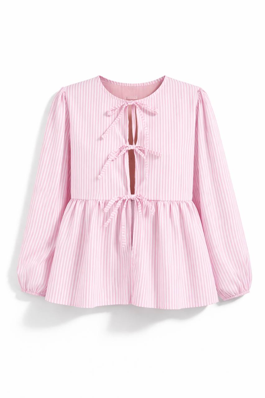 Striped Tie Front Blouse – Long Sleeve Peplum Top with Bow Details and Relaxed Fit