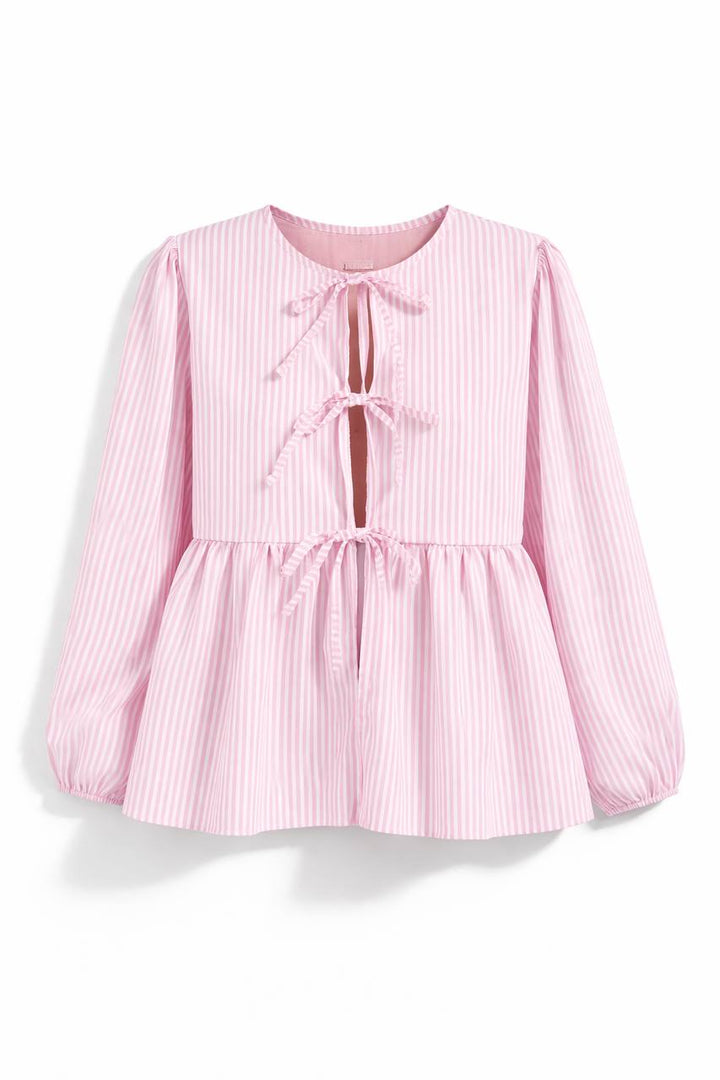 Striped Tie Front Blouse – Long Sleeve Peplum Top with Bow Details and Relaxed Fit