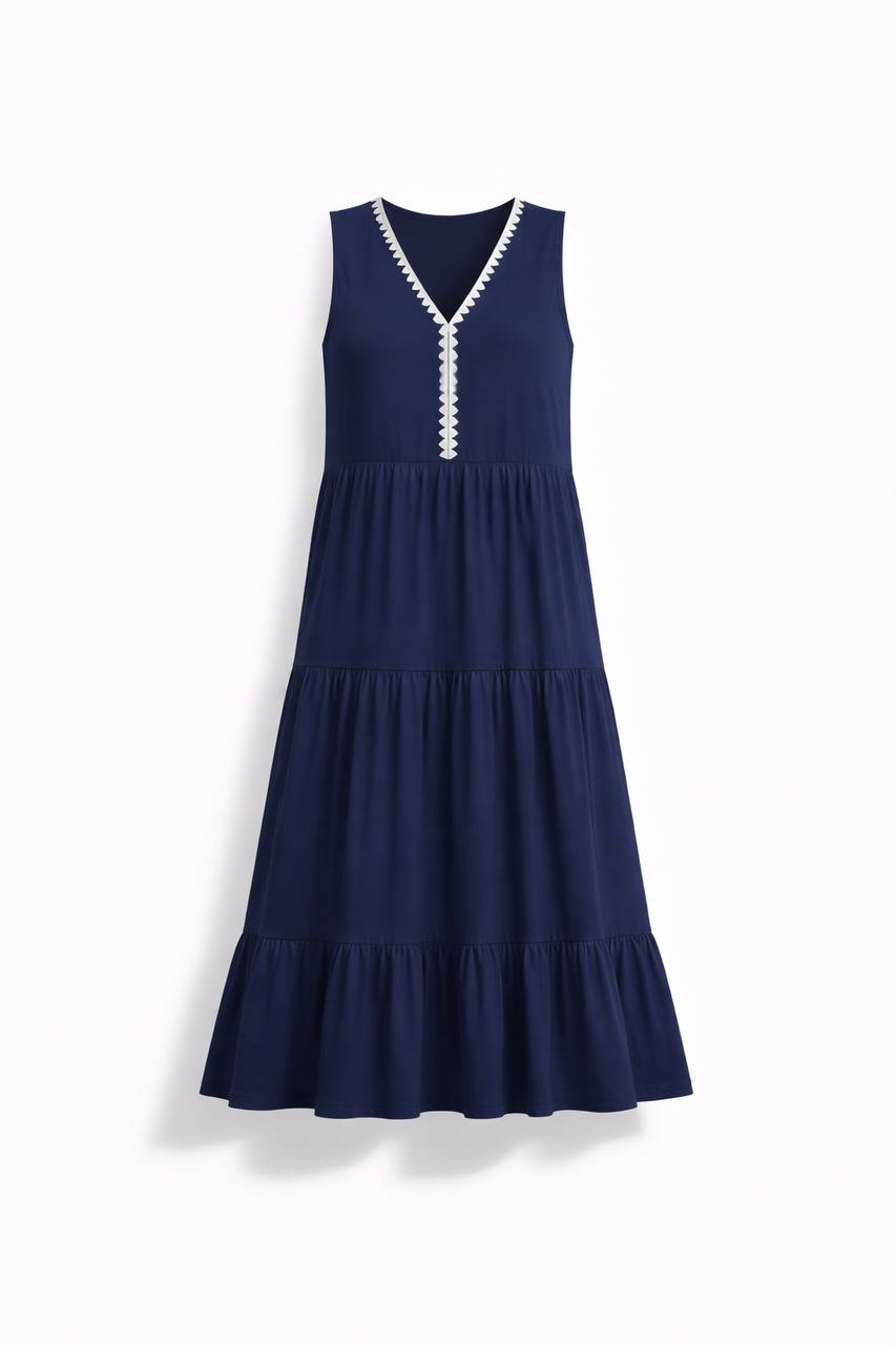 Sleeveless Tiered Maxi Dress – Long Dress with Contrast Trim Detail and Flowy Skirt