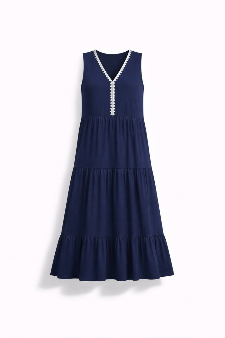 Sleeveless Tiered Maxi Dress – Long Dress with Contrast Trim Detail and Flowy Skirt