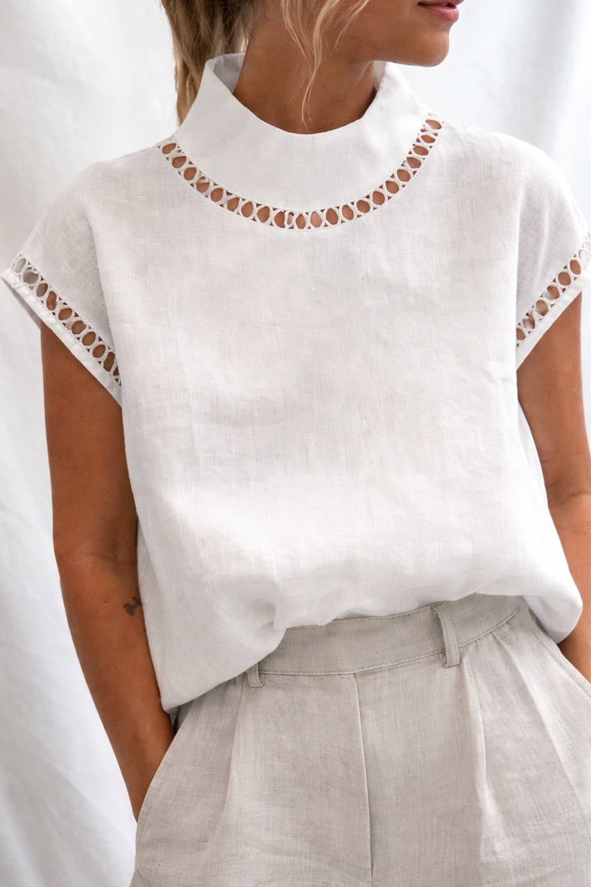 Short Sleeve Blouse – High Neck Lace Trim Top