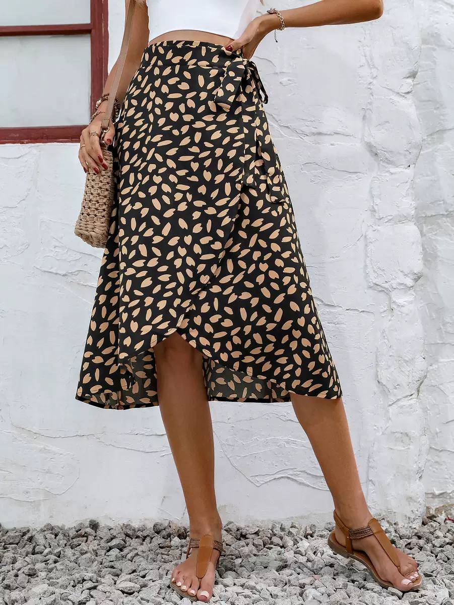 High Waisted Wrap Midi Skirt – A-Line Skirt with Tie Waist and Asymmetric Hem