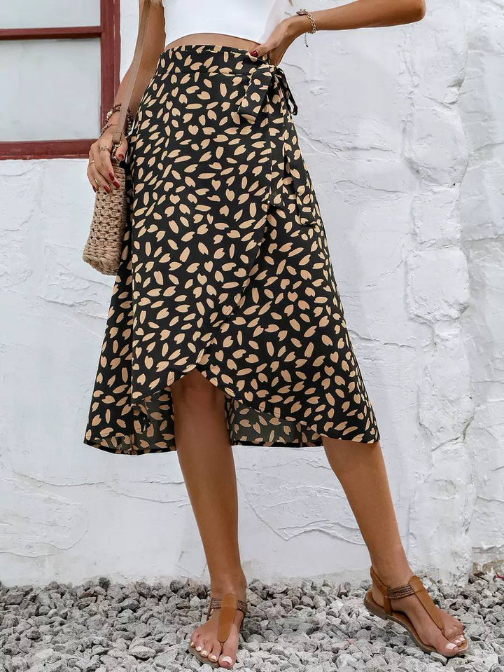 High Waisted Wrap Midi Skirt – A-Line Skirt with Tie Waist and Asymmetric Hem