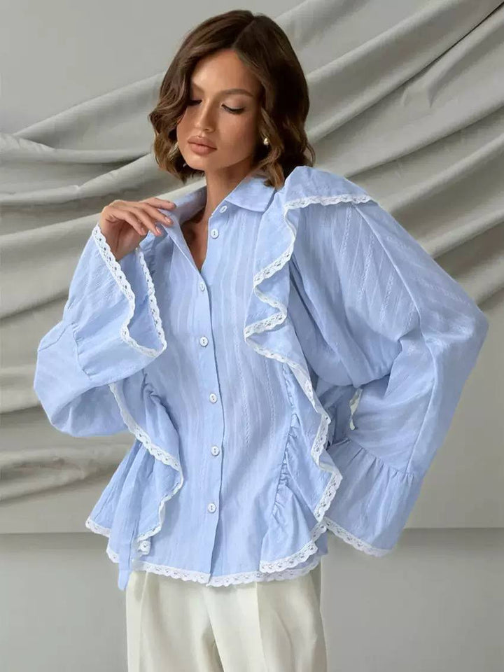 Ruffle Button Front Blouse – Long Sleeve Peplum Top with Lace Trim