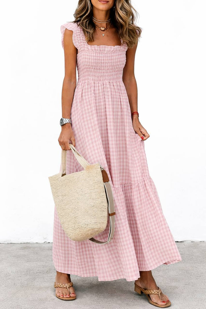 Gingham Maxi Dress – Square Neck Ruffle Sleeve Smocked Waist Dress