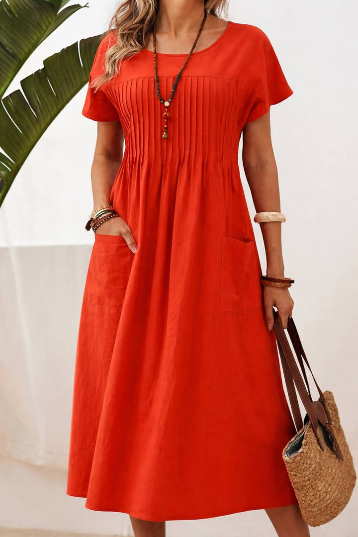 Short Sleeve Midi Dress – Pleated Waist Casual Dress with Pockets
