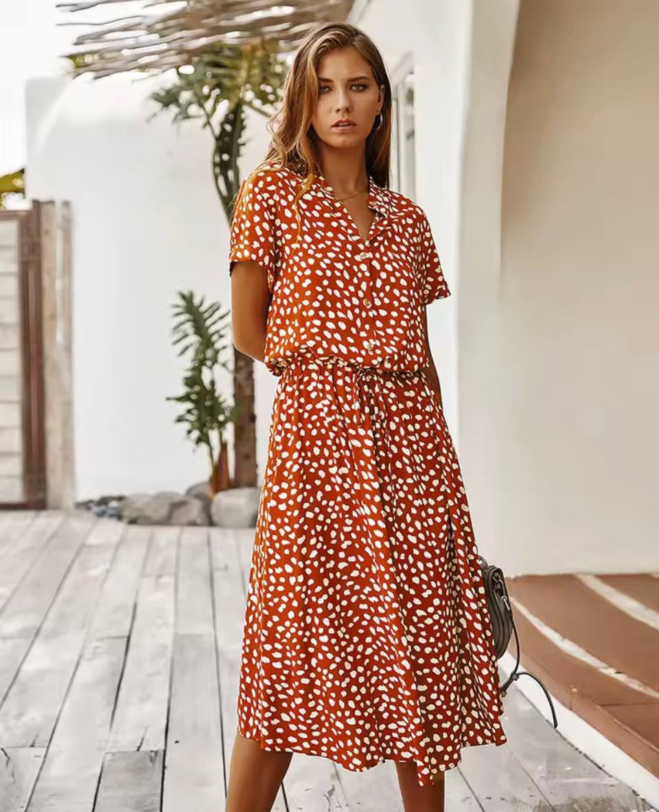 Polka Dot Midi Dress – Short Sleeve Button Front Tie Waist