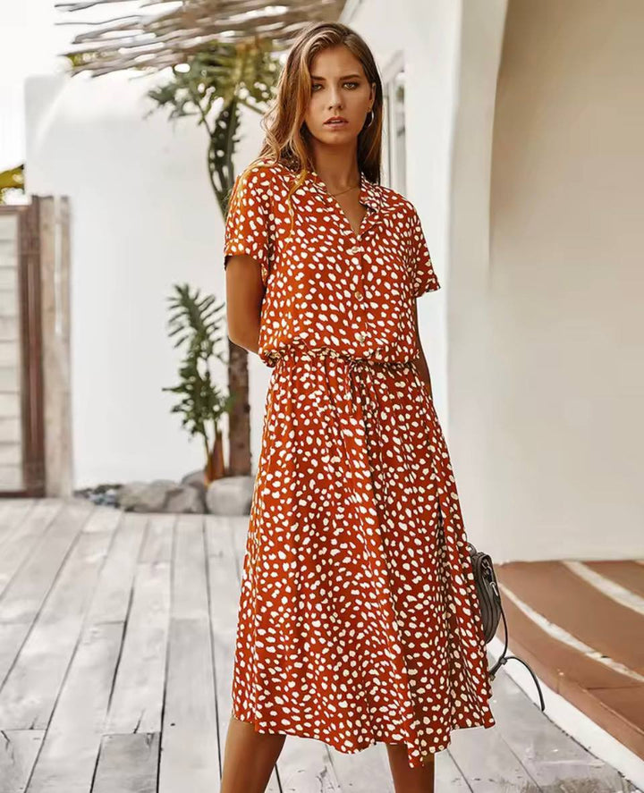 Polka Dot Midi Dress – Short Sleeve Button Front Tie Waist