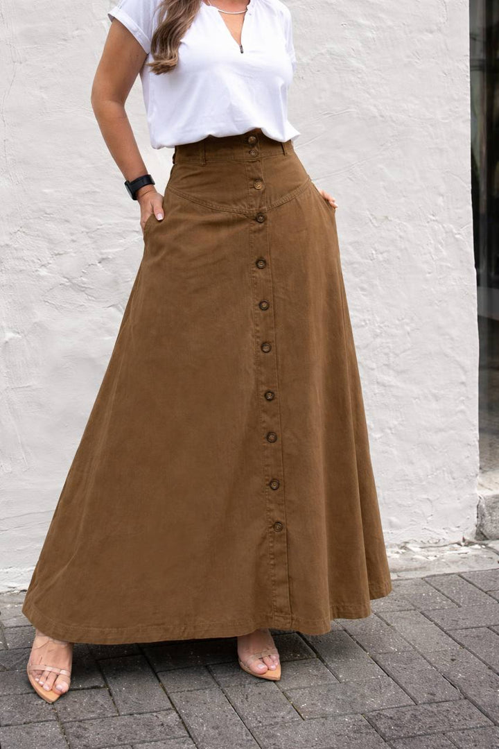 Button Front A-Line Maxi Skirt  – High-Waisted Skirt with Pockets