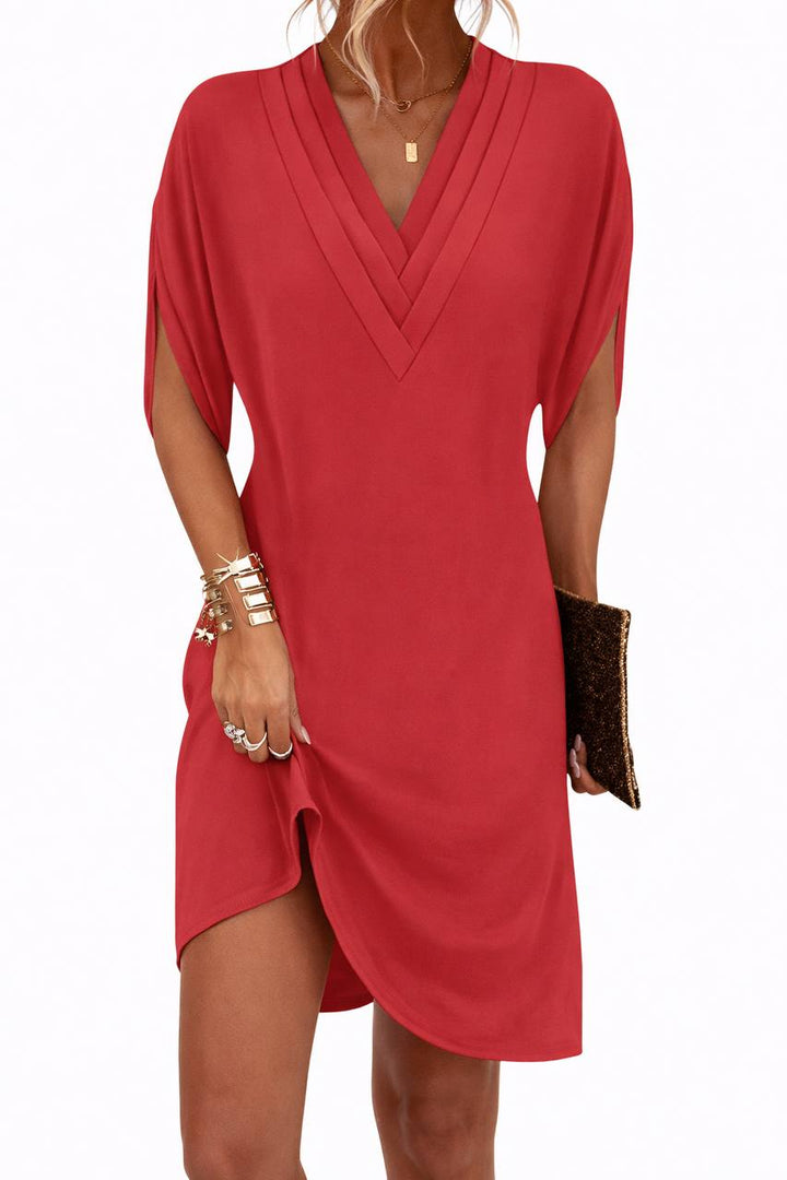 Asymmetrical V-Neck Mini Dress - Loose Fit Short Sleeve Dress