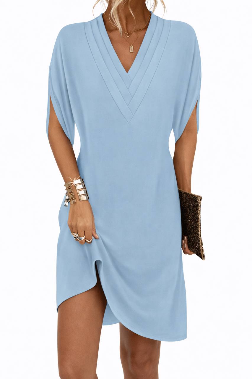 Asymmetrical V-Neck Mini Dress - Loose Fit Short Sleeve Dress