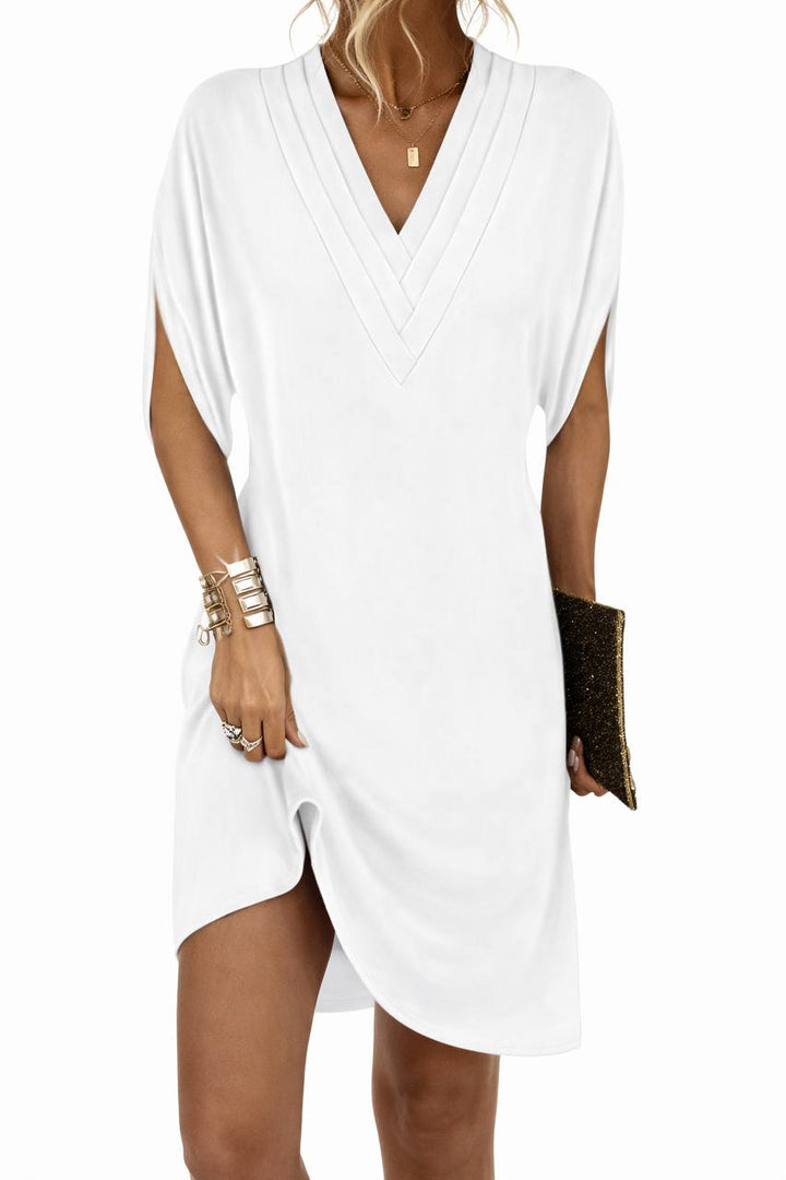 Asymmetrical V-Neck Mini Dress - Loose Fit Short Sleeve Dress