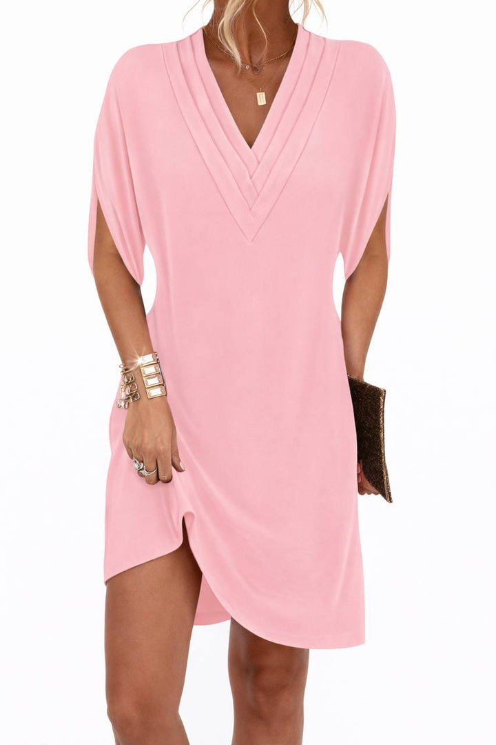 Asymmetrical V-Neck Mini Dress - Loose Fit Short Sleeve Dress