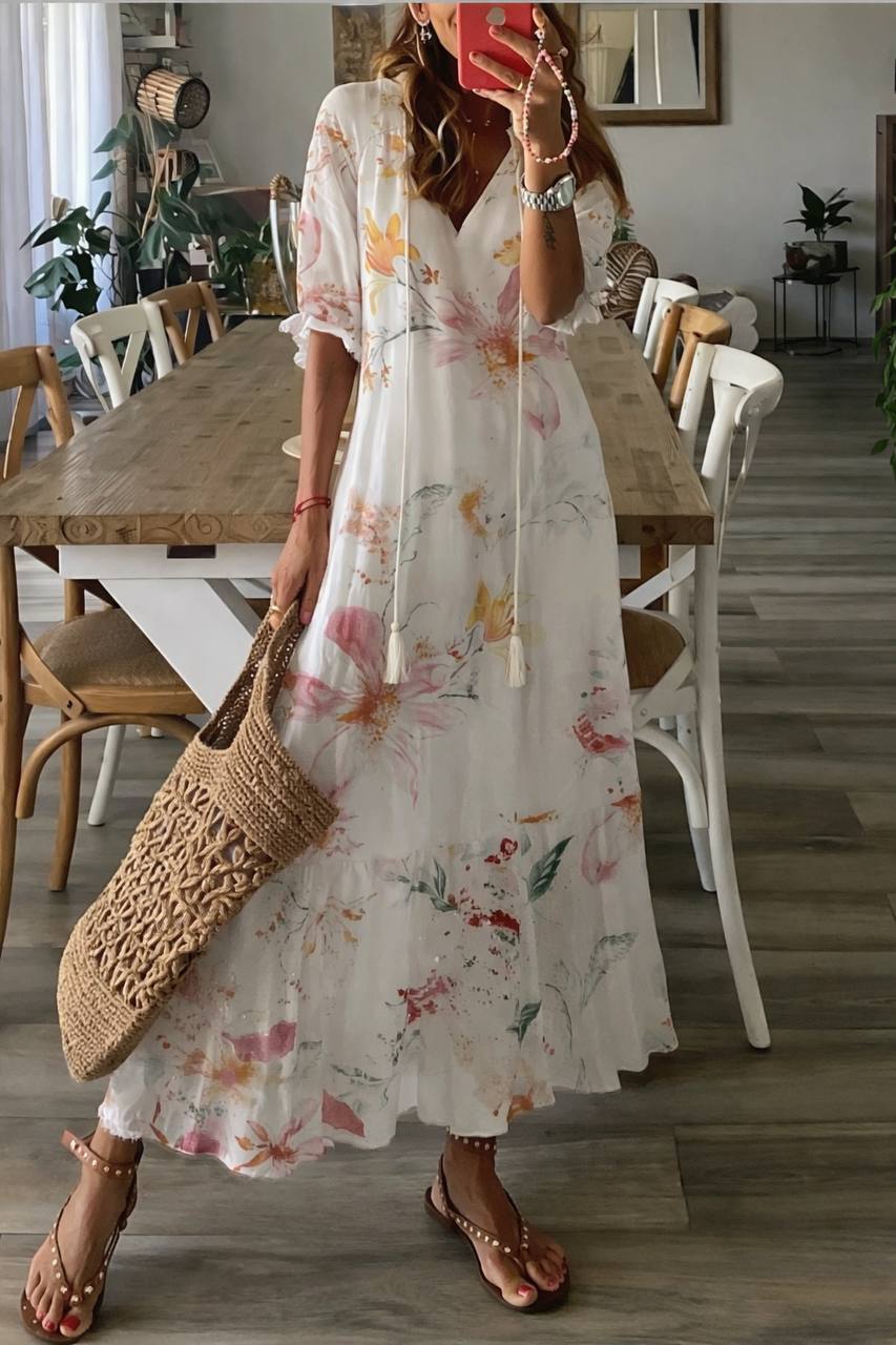 Floral Boho Maxi Dress – 3/4 Sleeve Loose Fit Dress