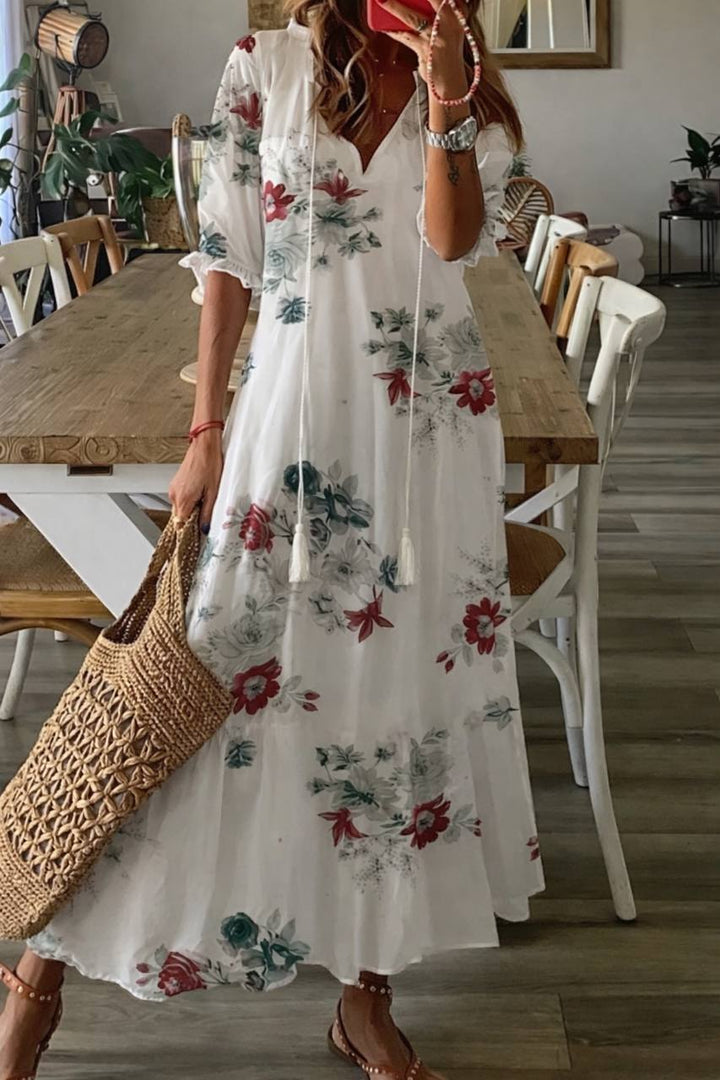 Floral Boho Maxi Dress – 3/4 Sleeve Loose Fit Dress
