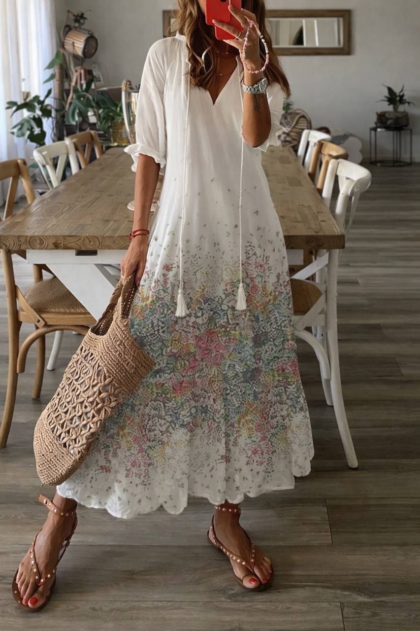 Floral Boho Maxi Dress – 3/4 Sleeve Loose Fit Dress