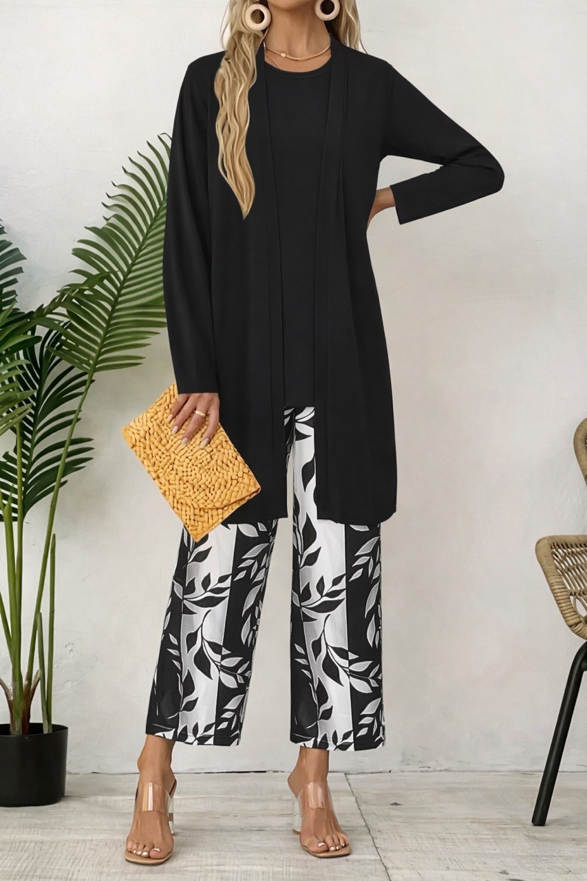 Long Sleeve cardigan, Tunic Top & Wide-Leg Pants Floral Set – Relaxed Fit